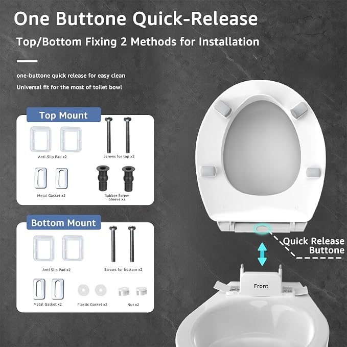 Raised Toilet seat 2.91 inch Round, 16.5 x 14.3inch Compatible | Soft Close + Quick-Release, Easy Clean, Bottom/Top Fixing, Safe Anti-Slip Pad Never Loosen, PP, White, 3 Years Support