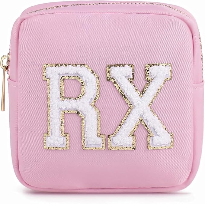 uekeboag Personalized Small Nylon Rx Cosmetic Bag, Cute Chenille Letter Patch Medicine Drug Pouch with Zipper,Preppy Makeup Travel Vitamin Bag for Women and Girls (Light Pink)