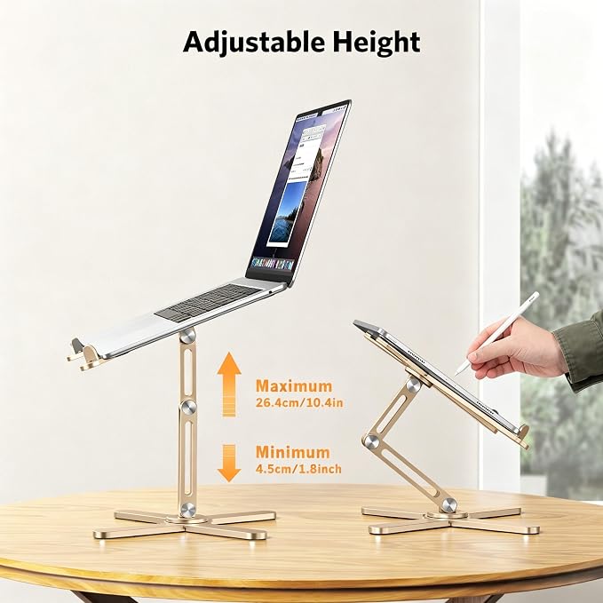 OMOTON LA10 360° Rotating Laptop Stand Riser Foldable for Desk, Gold | Aluminium Aolly, Adjustable Height Angles, Collaborative Work, Easy Storage, Fits Laptops up to 17", for MacBook Pro/Air HP