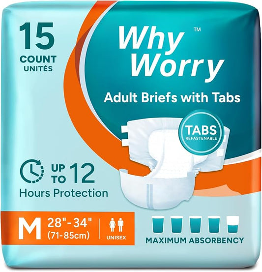 WhyWorry Adult Diapers with Tabs, Maximum Absorbency, Medium, 15 Count | Disposable Incontinence Briefs, for Women & Men, Leak-Proof Diaper, Overnight Protection, Odor Control, Unisex
