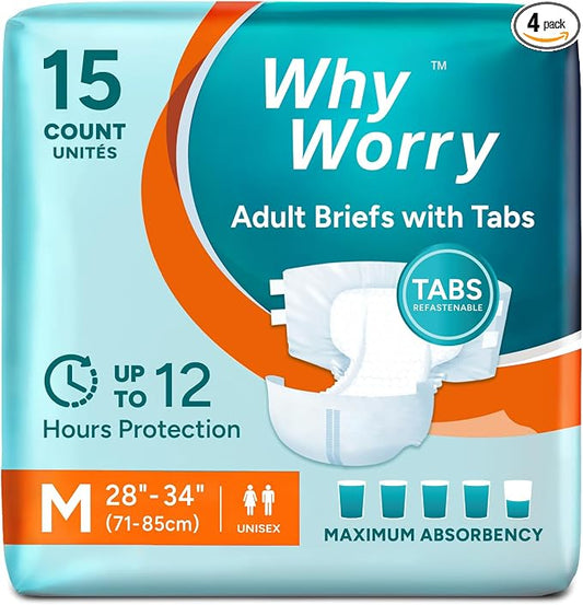 WhyWorry Adult Diapers with Tabs, Maximum Absorbency, Medium, 60 Count | Disposable Incontinence Briefs, for Women & Men, Leak-Proof Diaper, Overnight Protection, Odor Control, Unisex, 4 Packs of 15
