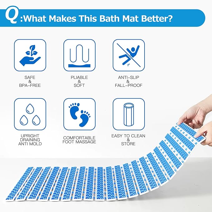 Non Slip Rubber Bathtub & Shower Mat - Fast Drain & Upright Drying Design, Strong Suction Cups, Structured Textured Surface, Low-Maintenance Bathroom Safety Mat, 27 x 16 Inch, Navy Blue, Matace