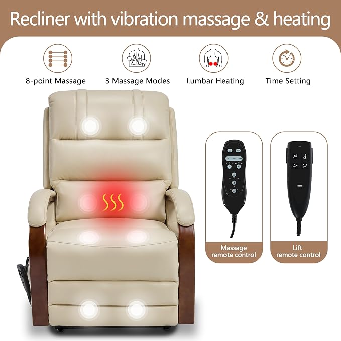 Power Lift Recliner Chair for Elderly, Dual Motor Lift Chair with Vibration Massage and Lumbar Heat, Lay Flat Recliner with Solid Wood Armrest, Standing Assistance Reclining, Faux Leather Beige