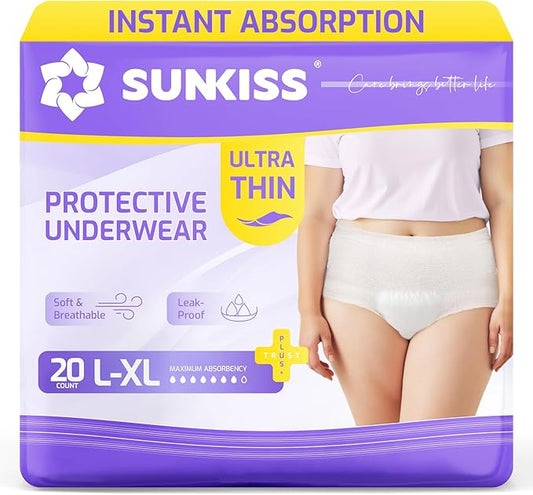SUNKISS Ultra Thin Incontinence Underwear for Women, High Absorbency & Super Soft Postpartum Diapers, Disposable Adult Pull Ups, Large/XLarge, 20 Count