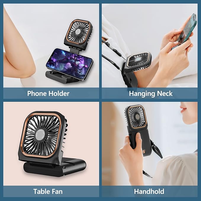 Portable Handheld Fan with Phone Holder, 3000mAh Power Supply USB Rechargeable Neck Fan, Foldable Small Fan 0-180° Adjustable, Ultra Quiet Personal Cooling Fan for Travel Office Home