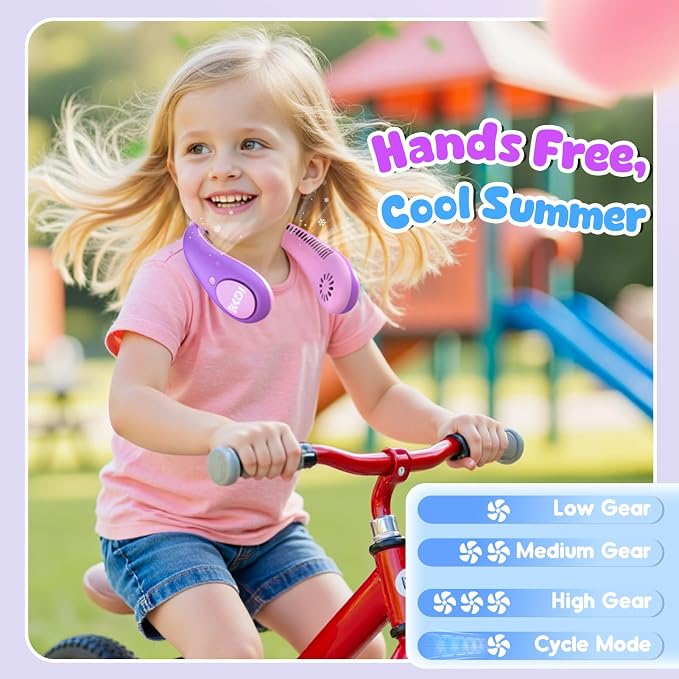 Kids Portable Neck Fan, Bladeless Fan for Kids, Safe Kids Rechargeable Cooling Fan for 4-14Y Girls, 2600mAh Personal Fans for Your Neck, 4 Speeds & Lightweight, Summer Essentials Gifts for Kids