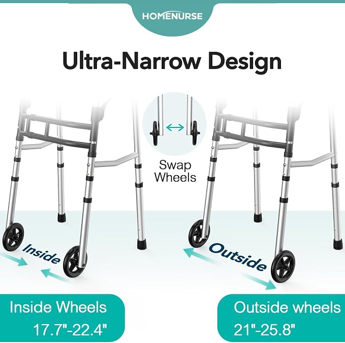 HOMENURSE Narrow Walkers for Seniors, Folding Walker with Skis and 5" Wheels for Small Spaces, Adjustable Width & Height, Aluminum Lightweight Standard Rolling Walker, Support Up to 350lbs, Silver