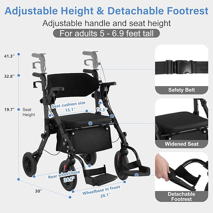 Rollator Walkers for Seniors with Seat, Walker Wheelchair Combo, 2 in 1 Rolling Walker Transport Wheelchair Lightweight Foldable, 10" Big Wheels Transport Chair with Brakes,Black