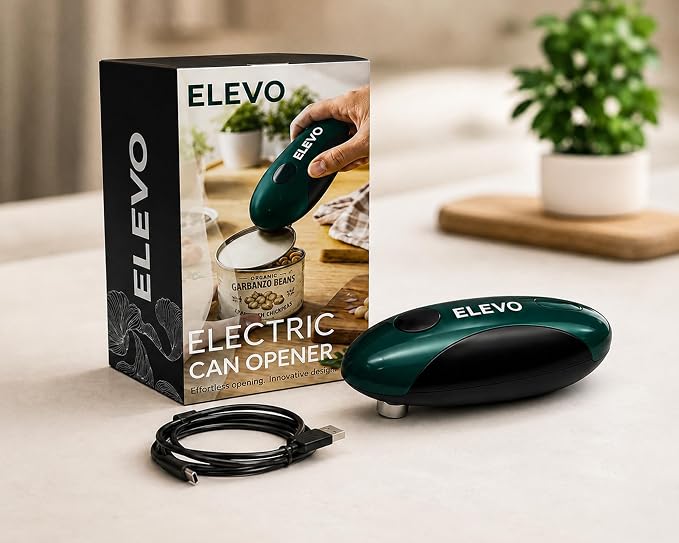 ELEVO Electric Can Opener – USB-C Rechargeable, Hands-Free Automatic Tin Opener | 360° One-Touch Smooth Edge, Magnetic Lid Lifter & Stuck Lid Remover | Portable & Safe Kitchen Tool