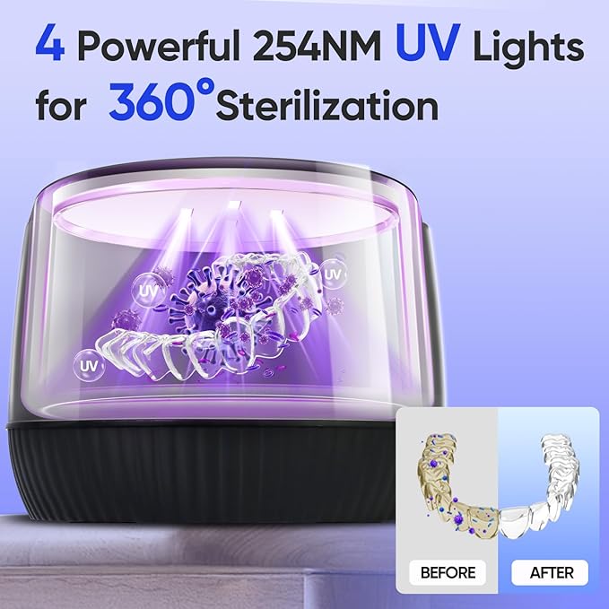 MySmile Dental Ultrasonic Retainer Cleaner Machine- 45kHz UV Denture Cleaner with 200ML Capacity for Aligner, Braces, Mouth Guard, Night Guard, Portable Dental Cleaning Pod with Digital Timer (Black)