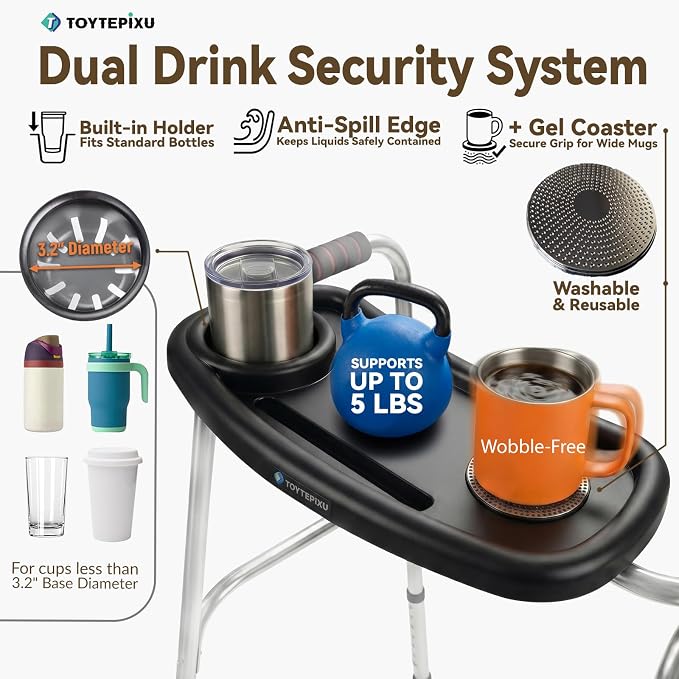 Slim Walker Tray Attachment for Seniors, Black | Front-Mount Compact Caddy, Cup Holder & Phone Slot, Fits 0.6"-1.4" Round Tube, Clear-View Organizer, 5 lbs Capacity