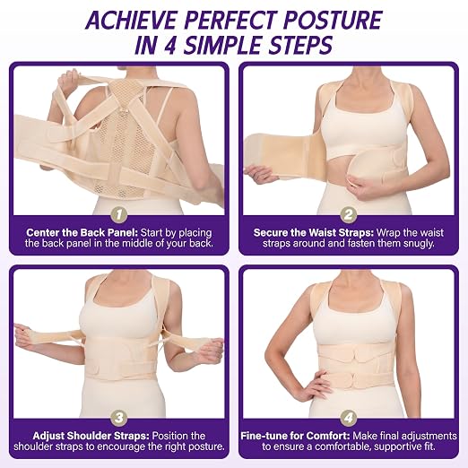 Back Brace Posture Corrector for Women & Men, Adjustable Full Back Support, Shoulder Straightener for Upper & Lower Back Pain Relief-Scoliosis, Hunchback, Waist Trainer (Medium, Beige)