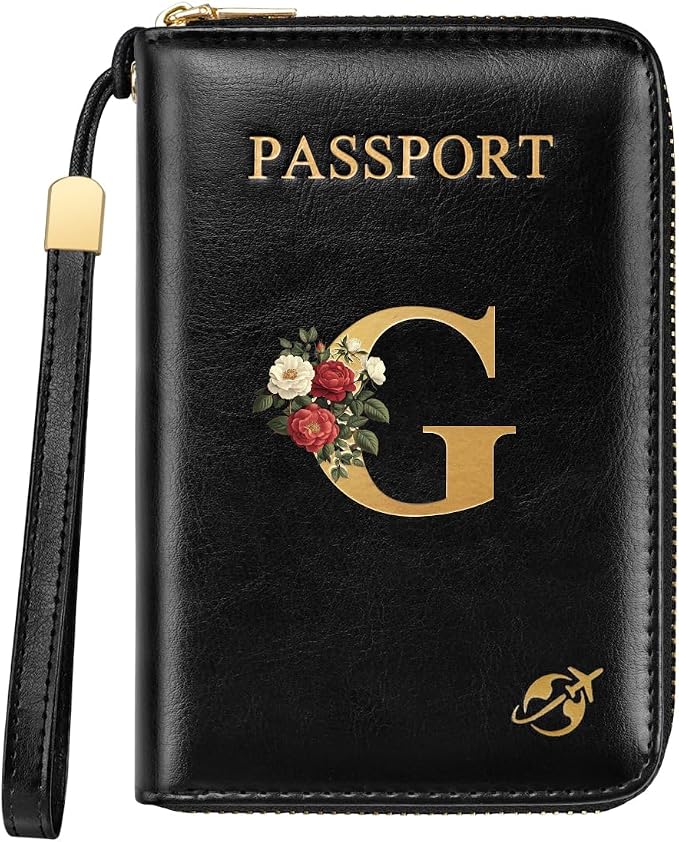 Passport Holder for Travel Personalized Wallet with Wristlet Women | Passport Cover, RFID Blocking, Passport Book Holders, Back Coin Pocket, Zipper Closure, Roses Initial Letter, Black G