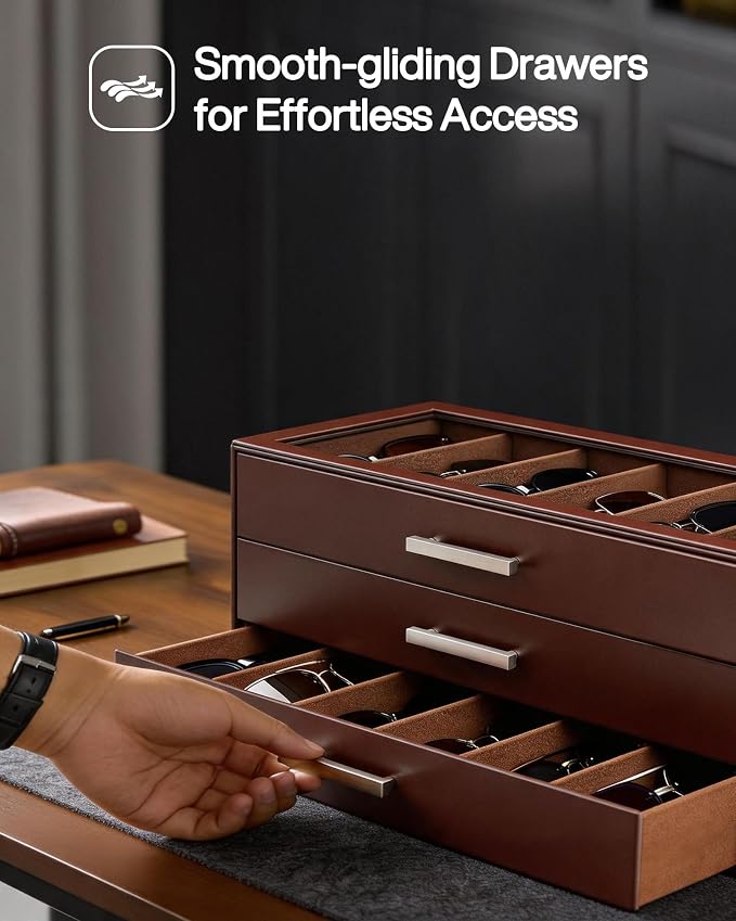 ProCase Sunglasses Organizer Box with Clear Glass Lid, PU Leather Eyeglass Storage Display Case for Men and Women