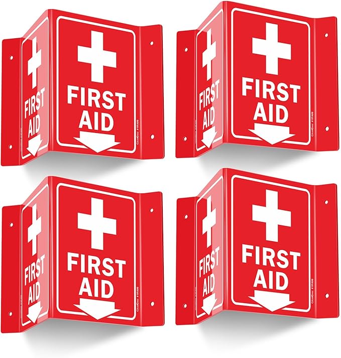 GicnKeuz First Aid Sign, 8" x 6" First Aid with Cross Symbol, Two-Sided Acrylic V-Sign for Business or Office or Wall Décor, Including Screws, Easy to Install (4 Pack)