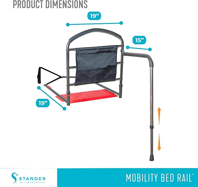 Stander Mobility Rail, Bedside Railing and Assist Bar with Swing-Out Safety Handle for Adults, Seniors, and Elderly, Guardrail with Organizer Pouch, ASTM Safety Approved Bedrail