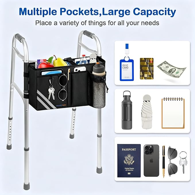 Walker Bag with Cup Holder, Multi Pockets Folding Walker Basket Tote Bag, Foldable Walker Basket with Big Capacity for Universal Walkers, Suitable for the Elderly (Black)