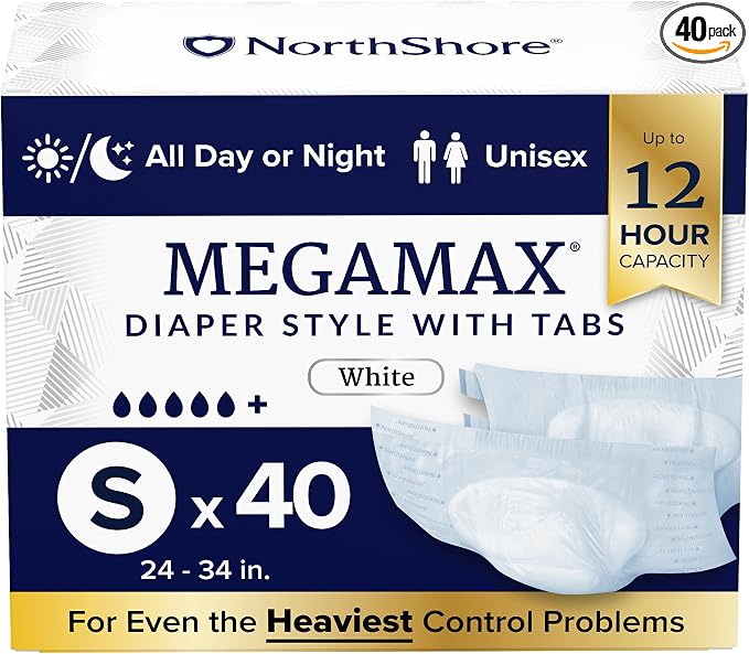 NorthShore MegaMax 12-Hour HBL Adult Diapers for Heavy Bladder Leaks, Small, 40 Count, White, 24-34 inches, Tab-Style Incontinence Underwear for Men, Women & Teens