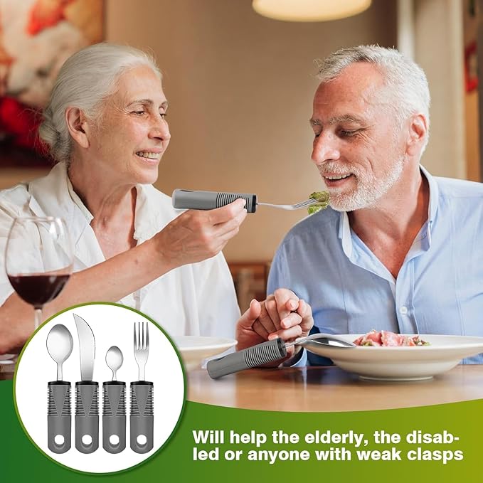 Adaptive Utensils 4 Piece Set Weighted Utensils for Hand Tremors Easy Grip Parkinsons Utensils Extra Wide Handles Built up Utensils for Adults with Knife Fork Spoon for Disabled Arthritis People（Grey）