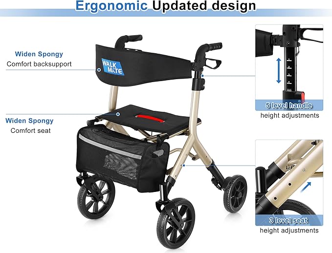WALK MATE Rollator Walker for Seniors Taller 5.3~7ft with Height-Adjustable Seat, 10 Inch Wheels Wire-Hidden Walkers Compact Folding Design Lightweight Mobility Walking Aid Widen Backrest, Gold