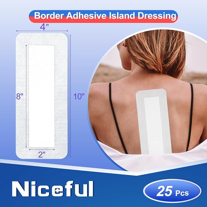 Niceful 25Pcs Island Dressing Bordered Gauze 4"x10", Water-Resistant Large Adhesive Bandages, Absorbent Wound Dressing Pads Bandages Large Wound Care