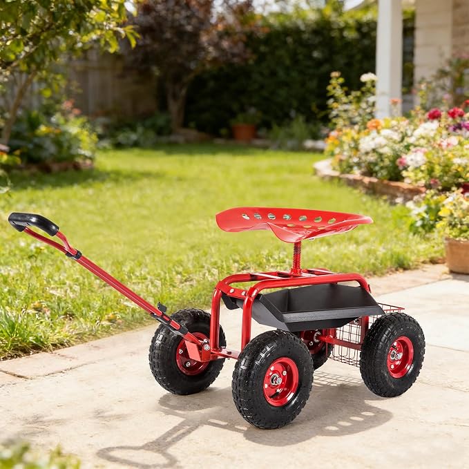 kinbor Rolling Garden Scooter Garden Cart with Tray, 360 Swivel Seat, Red