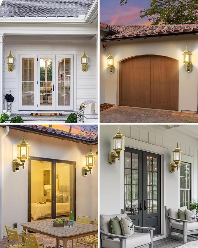Redluck Motion Sensor Outdoor Wall Light Fixtures, 2Pack Outdoor Wall Lamps | Dusk to Dawn, Anti-Rust, Waterproof Aluminum Frame, Tempered Glass & Classic Exterior Porch Lights for House Garage, Gold