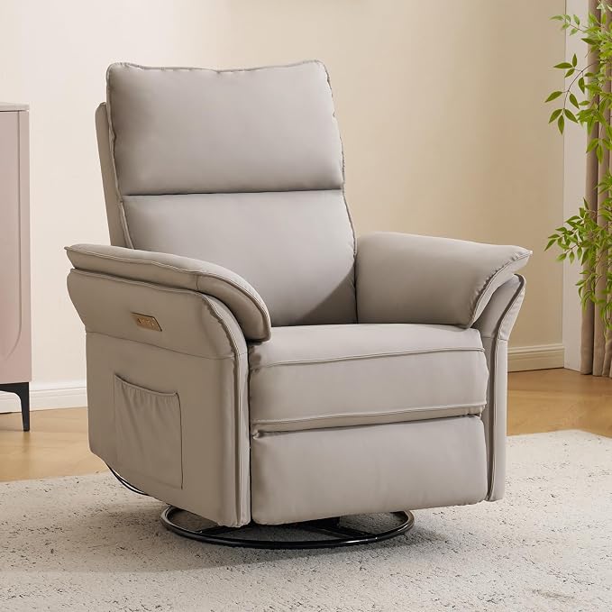 Power Nursery Recliner with Auto Rocking,Oversized Swivel Rocker Recliner with Massage and Heat,Glider Recliner Nursery Chair with Adjustable Headrest for Living Room and Bedroom,Faux Leather，Grey
