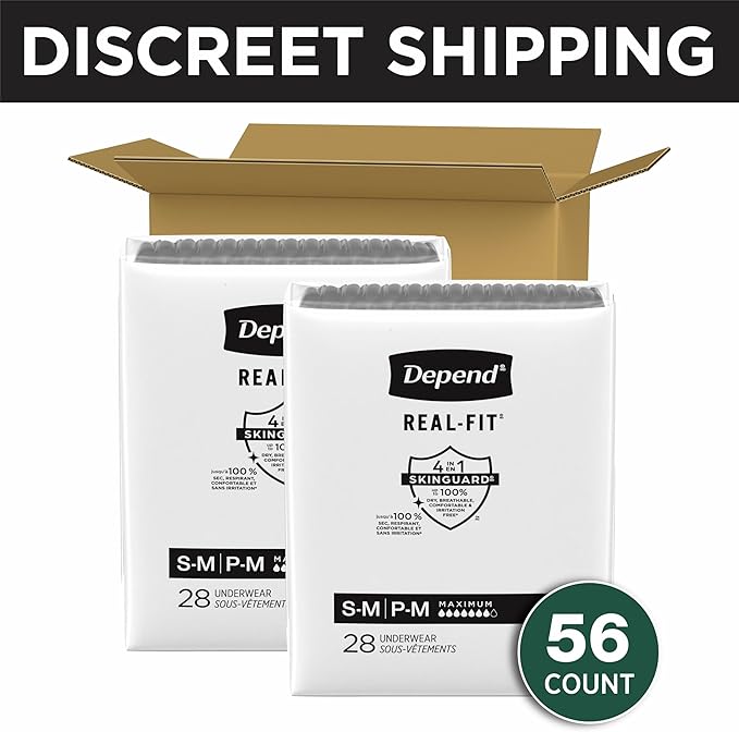 Depend Real Fit Adult Diapers, Incontinence Underwear for Men, Disposable, Maximum Absorbency, Small/Medium, Black, 56 Count (2 Packs of 28), Packaging May Vary