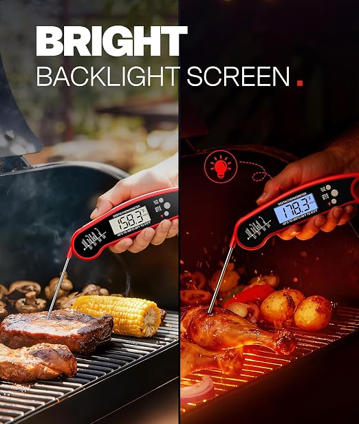 Meat Thermometer Digital, 1-2 Sec Instant Read, Food, Cooking, Grill | Bright Backlit Display, Waterproof for Air Fryer, Smoker, Candy, Kitchen Gadgets, BBQ Essentials, Gift for Men Husband, Red