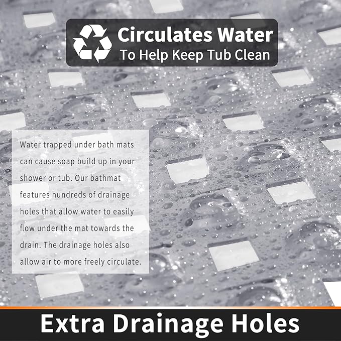 Yimobra Non Slip Bath Mat, Super Strong Suction Cups,34.5"x15.5"Long Tub Mat with Drain Holes, Machine Washable Fast Draining Shower Mats, Bathroom Essentials,Clear Gray