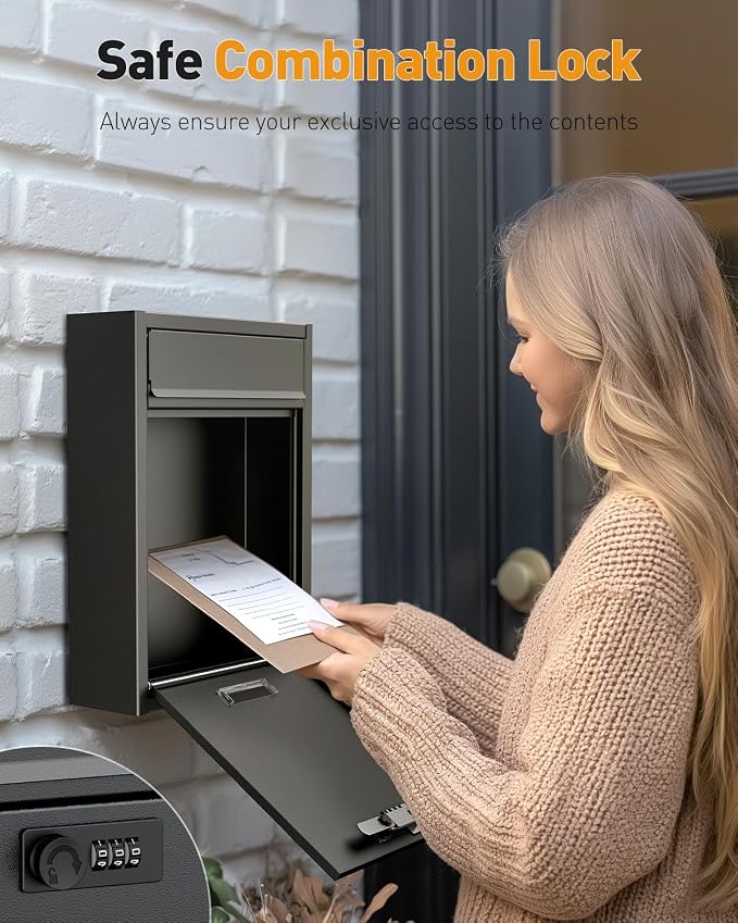 Uniclife Wall Mount Mailbox for Outside, Large Locking Mailbox, Black | Security Mail Box with Combination Lock, Safe Key Drop Box, Post Box, Steel Cash Drop Box for Home Office School