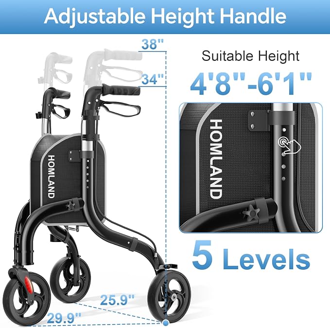 HOMLAND Foldable 3 Wheel Walkers for Seniors, Lightweight 10.4 lb | with Cane & Cup Holder, Height Adjustable, 8'' big wheel, Shiny Black