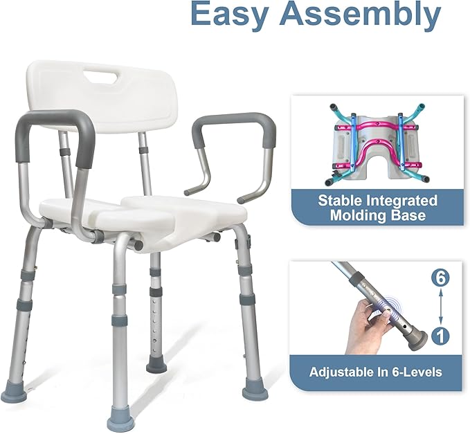 Shower Chair for Inside Shower with Arms and Back, Anti-Slip Design Shower Seat, Shower Chair for Elderly and Disabled with Groove for Private Cleaning, Adjustable Height