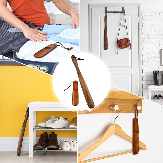 2 Pcs Wood Wear Shoe Horn Helper Long and Short Shoe Horn Handle for Seniors Men Women Pregnancy