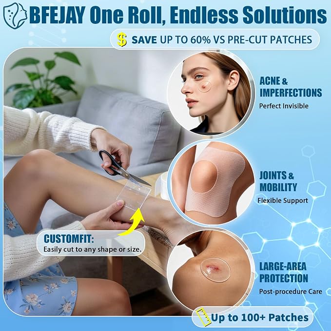Hydrocolloid Bandages for Wound Care, Medical-Grade Hydrocolloid Roll with Self-Adhesive, Ultra Absorbent, Flexible & Waterproof, Cut-to-Size First Aid Kit Essential (2in*16ft)
