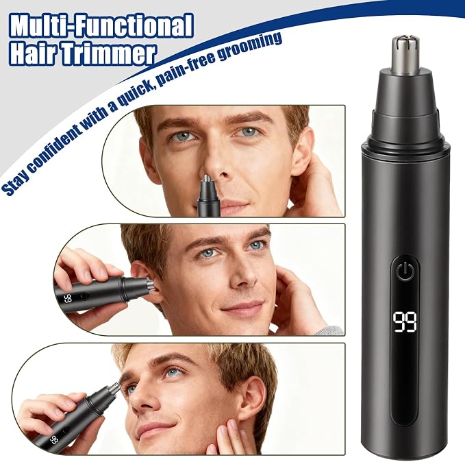 Nose Hair Trimmer for Men and Women,USB Rechargeable Eyebrow & Facial Hair Remover with LED Display,Aluminum Alloy Shell with IPX7 Waterproof,Dual Edge Blades for Easy Cleaning (Gold)