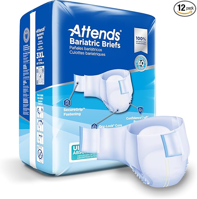 Attends Bariatric Incontinence Disposable Briefs, 3X-Large, Up to 85" Waist with Tab Closures, Ultimate Absorbency, Dry-Lock Containment Core and ConfidenceCuff Leakage Protection, 3XL 12ct Bag