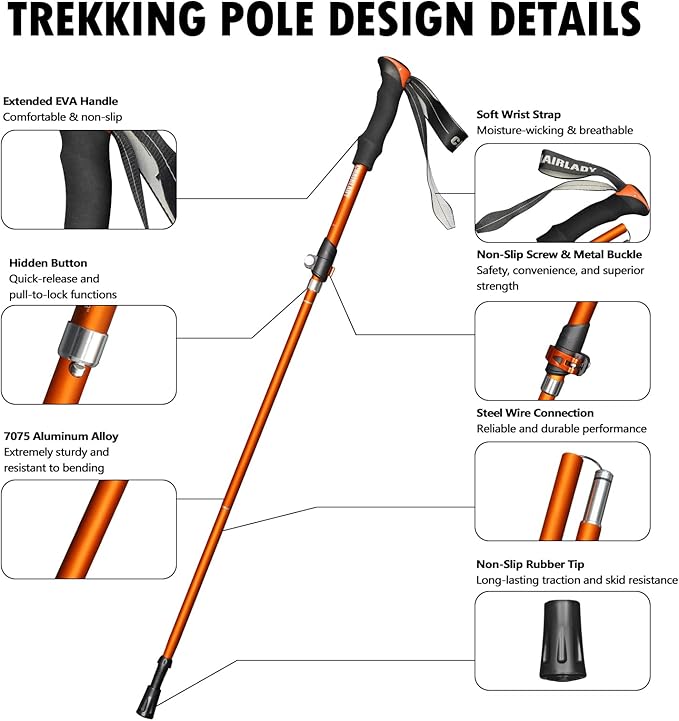 Deepfeel Collapsible Trekking Pole Adjustable Hiking Pole - Aluminum Alloy 7075 Walking Stick with Telescopic & Foldable Tri-fold Design for Travel Camping Climbing Walking