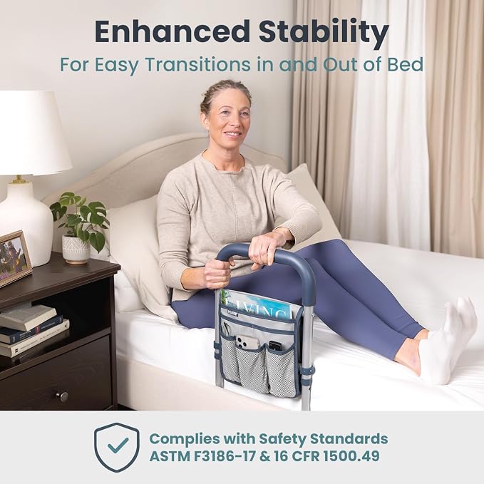 PELEGON Bed Rails for Elderly Adults Safety, ASTM Compliant, Adjustable Bed Rail with Non-Slip Ergonomic Handle and Storage Pockets, Bed Railings for Seniors Supports up to 300 lb, Tool-Free Assembly