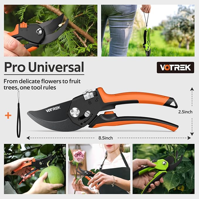 VOTREK® Pruning Shears, [Patented Stepless Handle Opening] - Garden Clippers with Ultra-Sharp SK5 Steel for Weak Hand, Pruners Universal Fit for All Hand Sizes, Effortlessly Cuts 1-Inch Branches