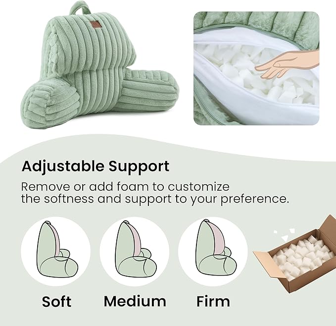 Amélie Home Faux Fur Reading Pillow with Pocket for Sitting in Bed, Kids Backrest Bed Pillow with Washable Cover for Lounging, Study & Relaxing, Sage Green 17 inches
