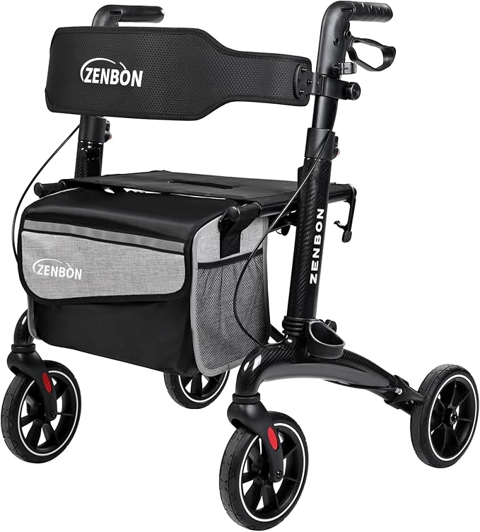 Rollator Walker for Seniors/Adults Foldable Rolling Walker with Seat 330 lbs Capacity 4 Big 8 inch Wheels Hand Grips Adjustable Height Lightweight Carbon Fiber Walker 7206(Black)