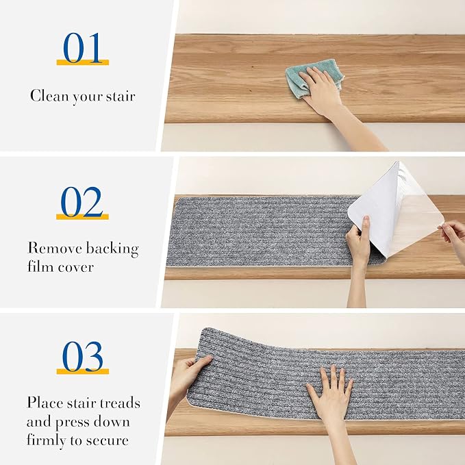 RIOLAND Stair Treads Carpet Non-Slip Indoor 15PCS Stair Runners for Wooden Steps, Stair Rugs for Kids and Dogs, 8" X 30", Light Gray