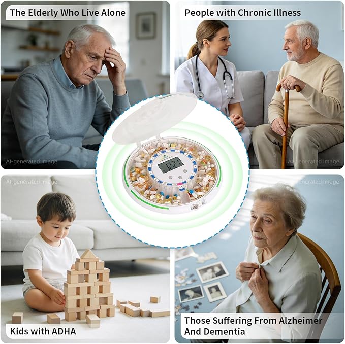 EziMedPil Automatic Pill Dispenser with Alarm for the Elderly | 28-Day Clear Lid & LCD Display Monitoring Pill Organizer with Sound-Light Reminders, 6 Daily Alarms & Lock Design for Pills