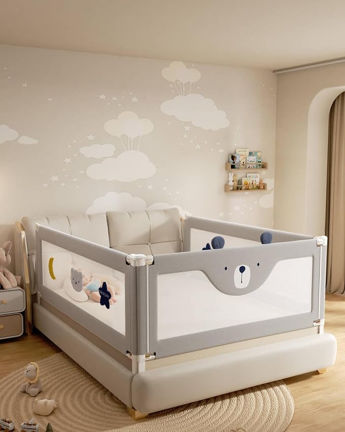 3 Piece Bed Rails for Queen Bed, No-Drill Needed Baby Bed Rail Guard | Thickened Child Safety Side Railing Guards, Height Adjustable Bedrail for Kids, 3-Side for Queen Bed ,60”x78.7”x78.7”