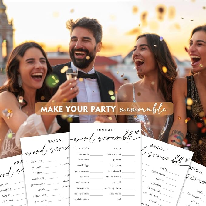 Bridal Shower Games Cards, Bridal Word Scramble, 25 Game Cards with 1 Answer Card, Engagement Party Wedding Games for Guests, Minimalist White Wedding Party Supplies - A14
