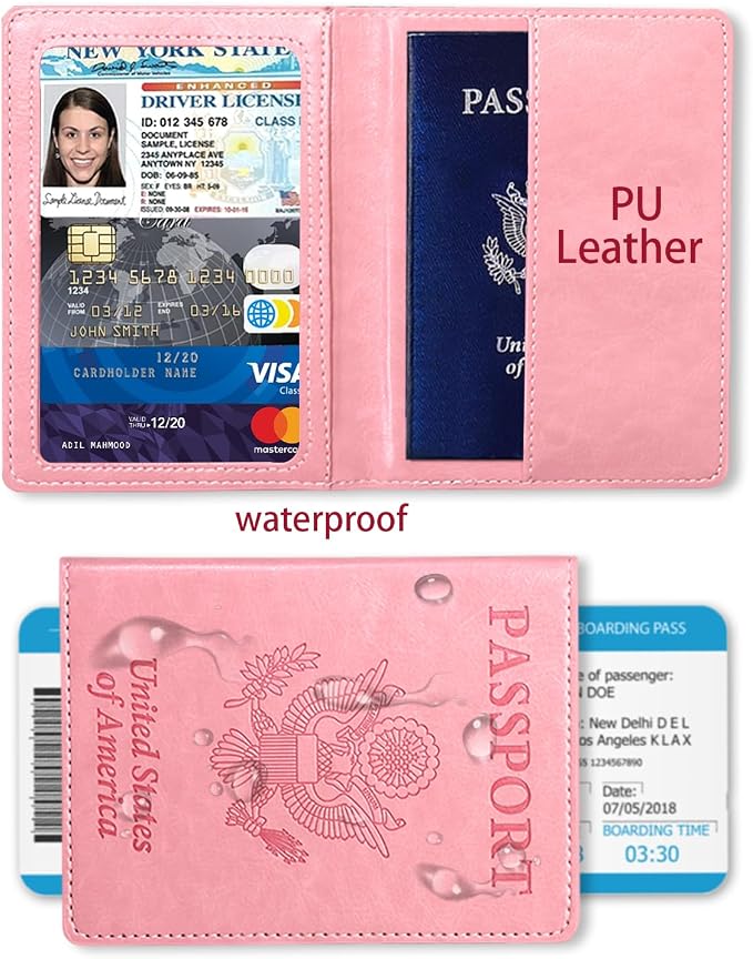 Sizobi PU Passport Holder for Travel, Passport Cover Wallet for Women Men, Leather Passport Book Card Holder Case for International Travel Must Haves Accessories, Cruise Ship Essentials Gifts, Pink