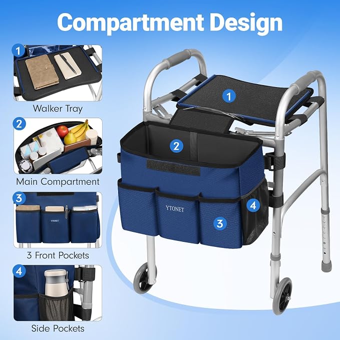 Ytonet Walker Basket with Tray, Removable Walker Tray for Folding Walker | Water Resistant Walkers Bag with Phone and Crutch Holder Large Capacity Anti-Tip Design Accessories for Seniors