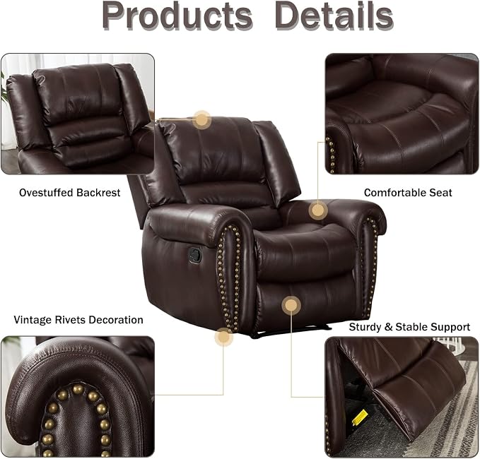 Leather Recliner Chair Set of 2, Classic and Traditional Manual Recliner Chair with Comfortable Arms and Back,Manual Single Recliner Sofa for Living Room, Brown